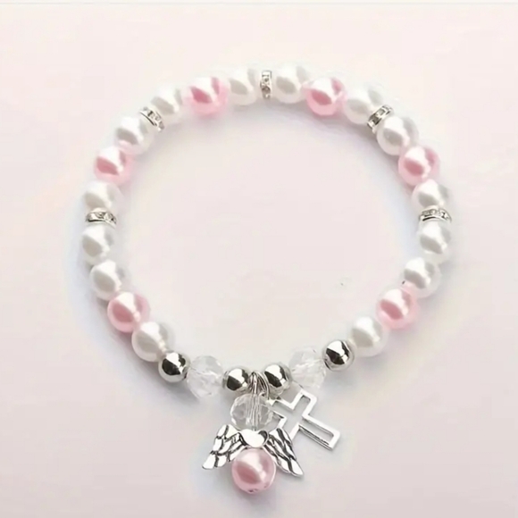 Jewelry - ⚡️Delicate Pink a d White Angel Wing Cross Charm Bracelet.⚡️